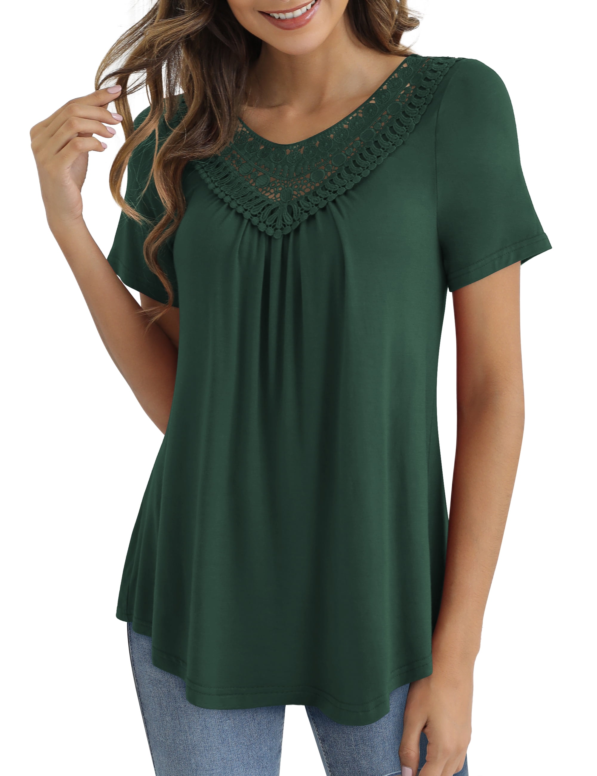 VOIANLIMO Women s Plus Size Summer Tops Short Sleeve Lace Pleated Blouses Tunic Tops M 4XL