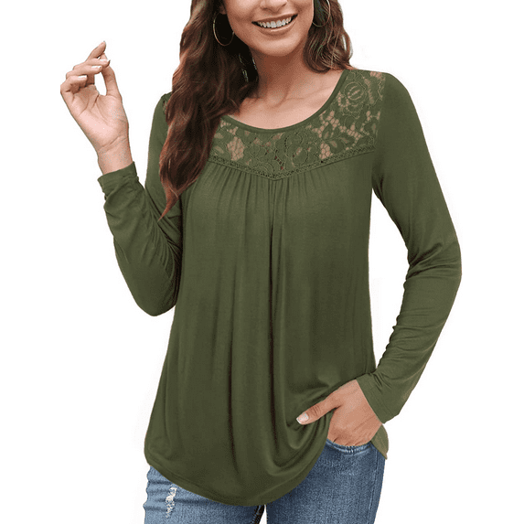 VOIANLIMO Women's Plus Size Tops Casual Long Sleeve Shirts Lace Pleated Tunic Tops Blouses M-4XL