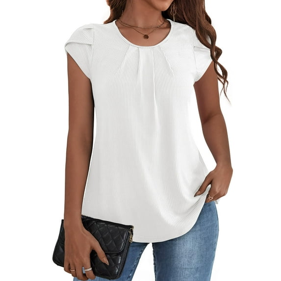 VOIANLIMO Women's Summer Tops Casual White Blouse Petal Short Sleeve Tunic Tops Shirts, Medium
