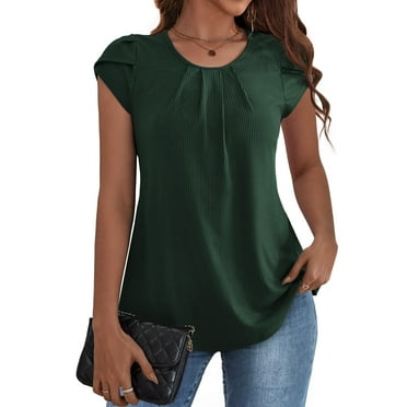 VOIANLIMO Womens Casual Round Neck Basic Pleated Top Cap Sleeve Curved Keyhole Back Blouse S-2XL