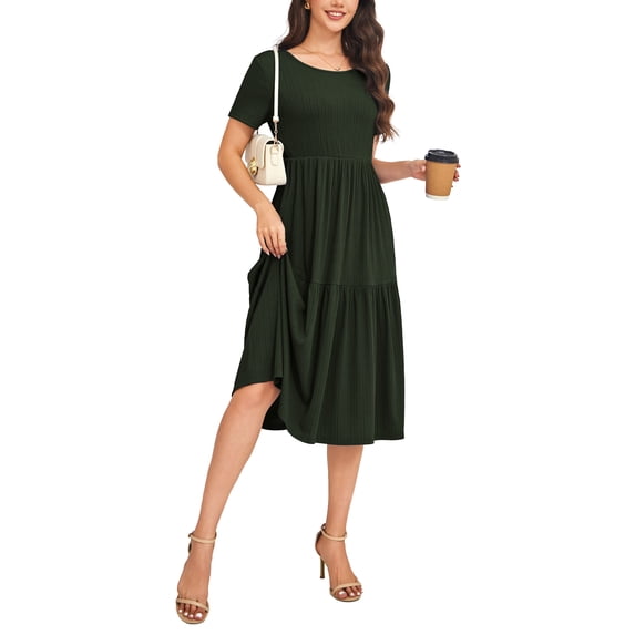 VOIANLIMO Womens Dresses Casual Short Sleeve A-line Tiered Summer Midi Army Green Dress S