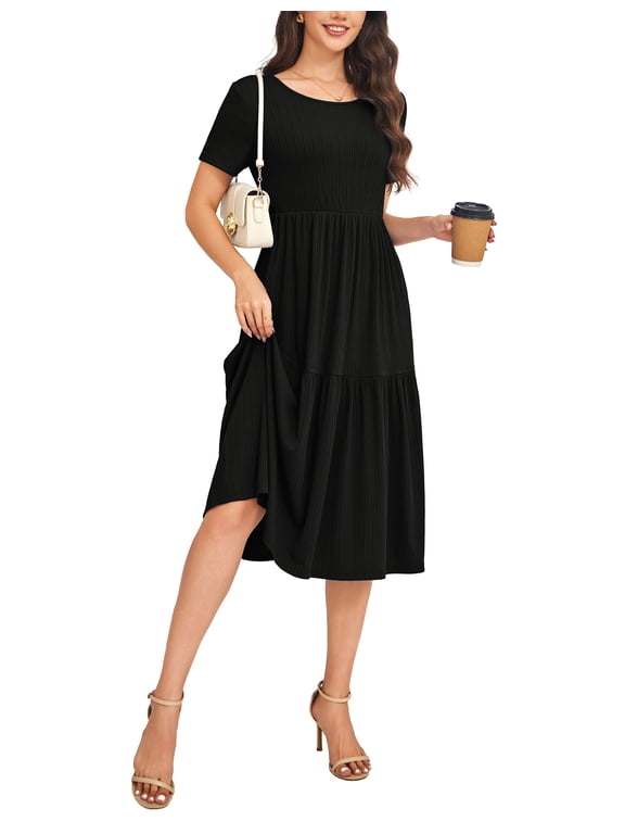 Womens Dresses Casual Short Sleeve A-line Tiered Summer Midi Black Dress L