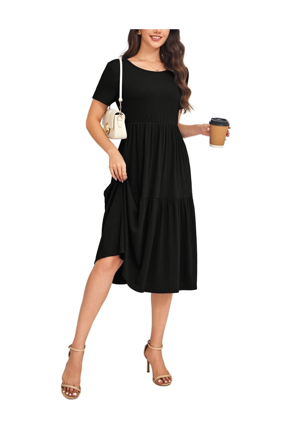 Womens Dresses Casual Short Sleeve A-line Tiered Summer Midi Black Dress XL