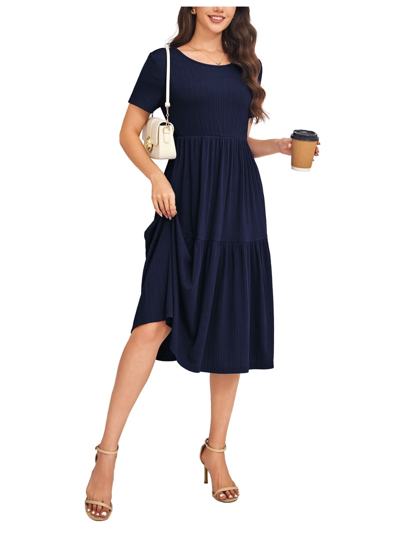 Voianlimo Womens Dresses Casual Short Sleeve A-line Tiered Summer Midi Navy Dress L, Women's, Size: Large, Blue