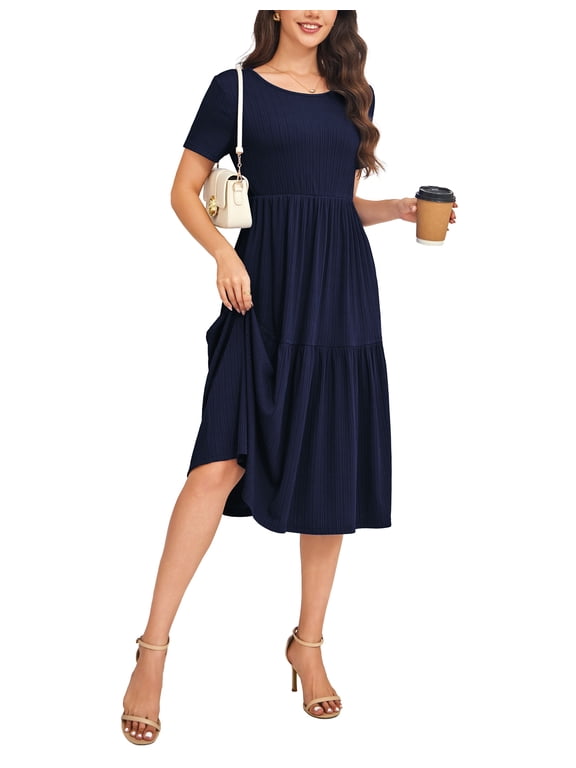 Womens Dresses Casual Short Sleeve A-line Tiered Summer Midi Navy Dress L