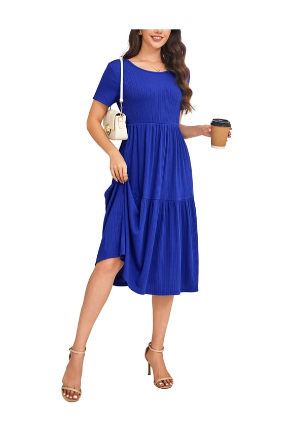 Womens Dresses Casual Short Sleeve A-line Tiered Summer Midi Royal Blue Dress XL