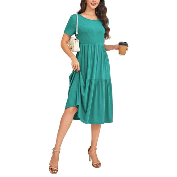 VOIANLIMO Womens Dresses Casual Short Sleeve A-line Tiered Summer Midi Sake Green Dress L