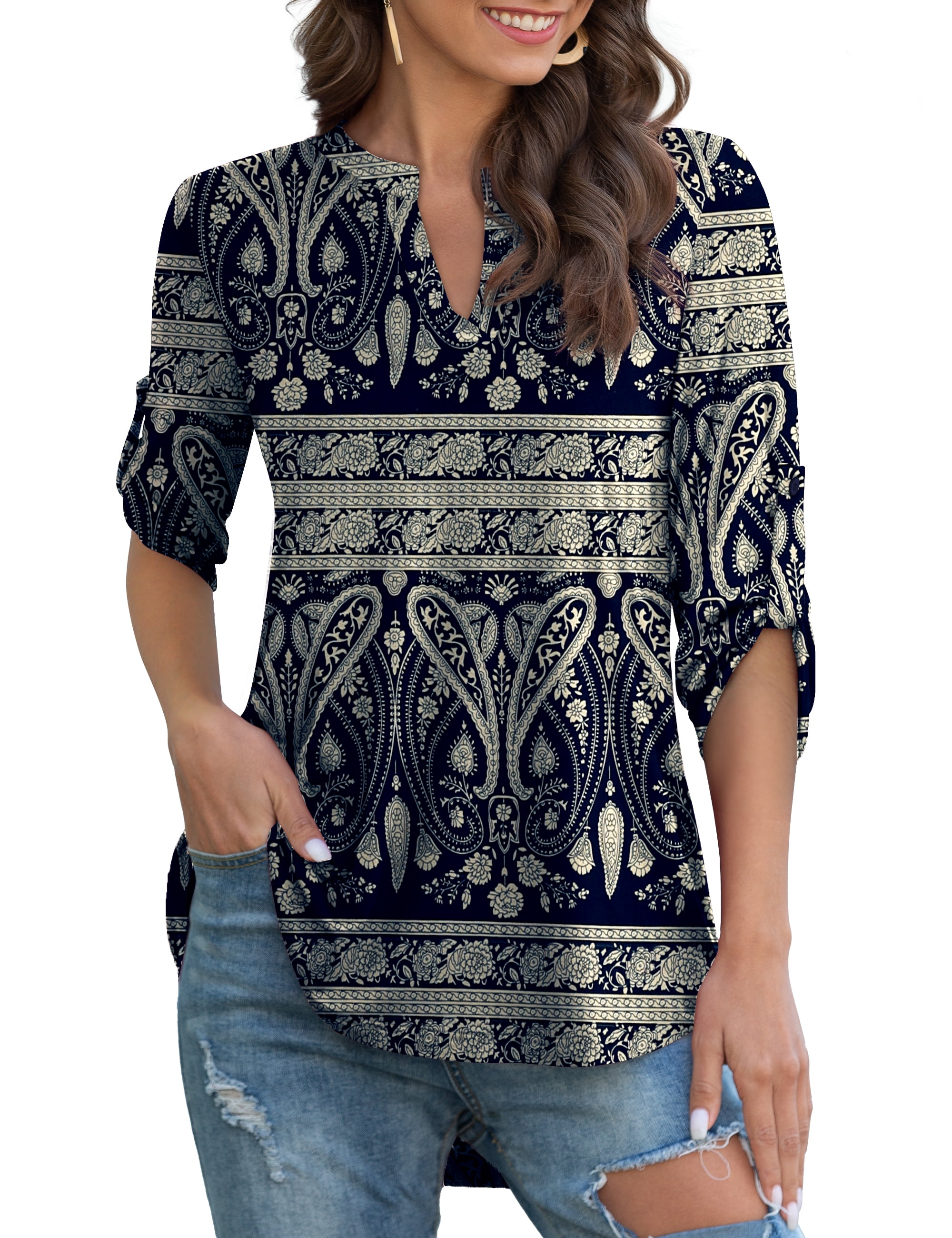 VOIANLIMO Womens Floral Printed Tunic Tops 3/4 Roll Sleeve V Neck