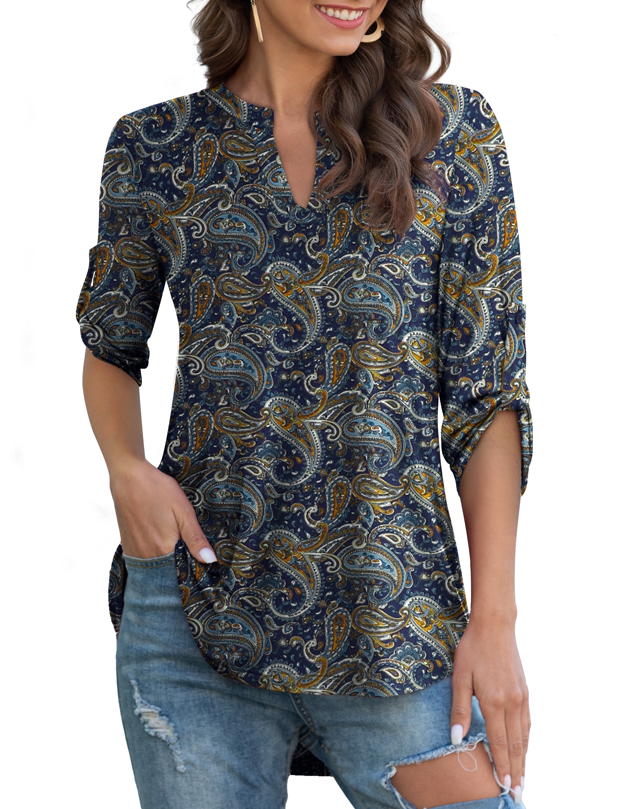 VOIANLIMO Womens Floral Printed Tunic Tops 3/4 Roll Sleeve V Neck