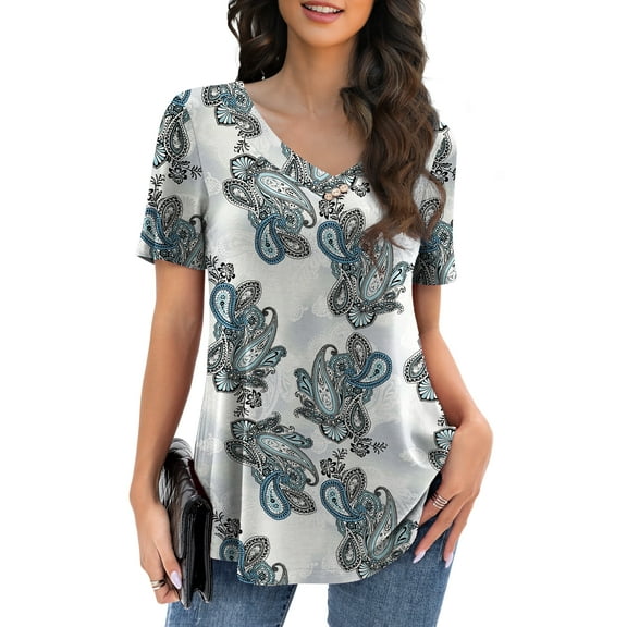 VOIANLIMO Womens Plus Size Casual Tops V Neck Short Sleeve Shirt Floral Blouses Tunic Tops M-4X