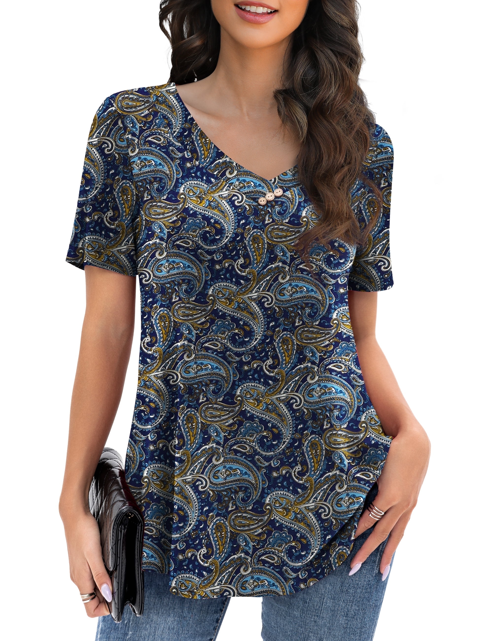 VOIANLIMO Womens Plus Size Casual Tops V Neck Short Sleeve Shirt Floral ...