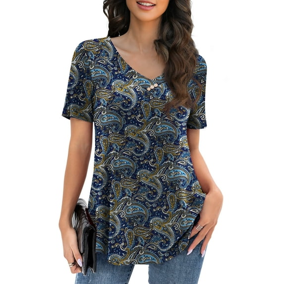 VOIANLIMO Womens Plus Size Casual Tops V Neck Short Sleeve Shirt Floral Blouses Tunic Tops M-4X