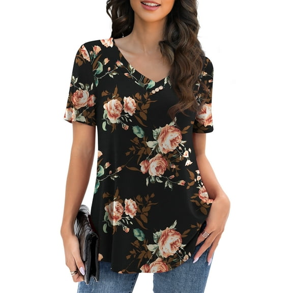 VOIANLIMO Womens Plus Size Casual Tops V Neck Short Sleeve Shirt Floral Blouses Tunic Tops M-4X