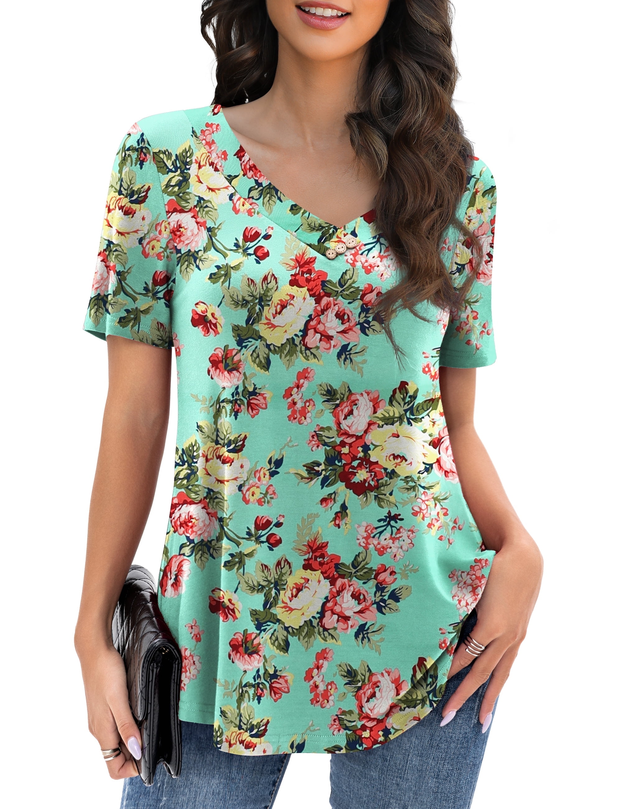 VOIANLIMO Womens Plus Size Casual Tops V Neck Short Sleeve Shirt Floral ...