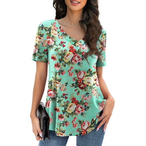 VOIANLIMO Womens Plus Size Casual Tops V Neck Short Sleeve Shirt Floral Blouses Tunic Tops M-4X