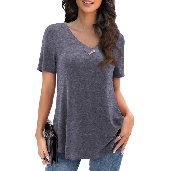 VOIANLIMO Womens Plus Size Casual Tops V Neck Short Sleeve Shirt Floral Blouses Tunic Tops M-4X