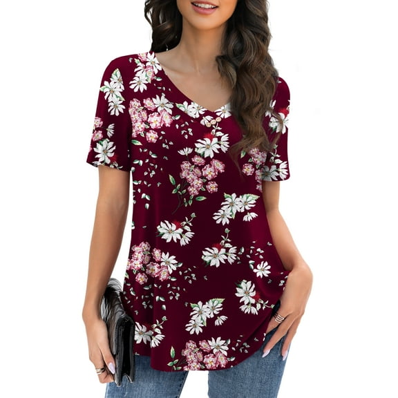 VOIANLIMO Womens Plus Size Casual Tops V Neck Short Sleeve Shirt Floral Blouses Tunic Tops M-4X