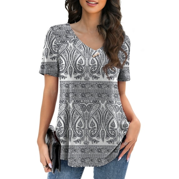VOIANLIMO Womens Plus Size Casual Tops V Neck Short Sleeve Shirt Floral Blouses Tunic Tops M-4X