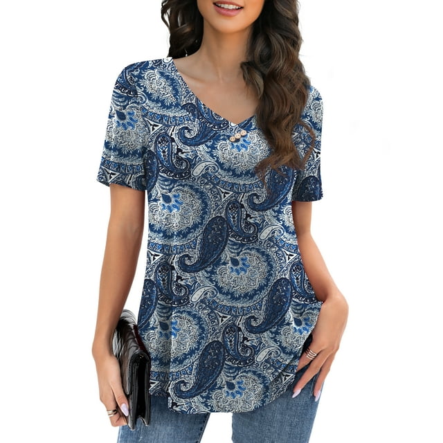 VOIANLIMO Womens Plus Size Casual Tops V Neck Short Sleeve Shirt Floral ...