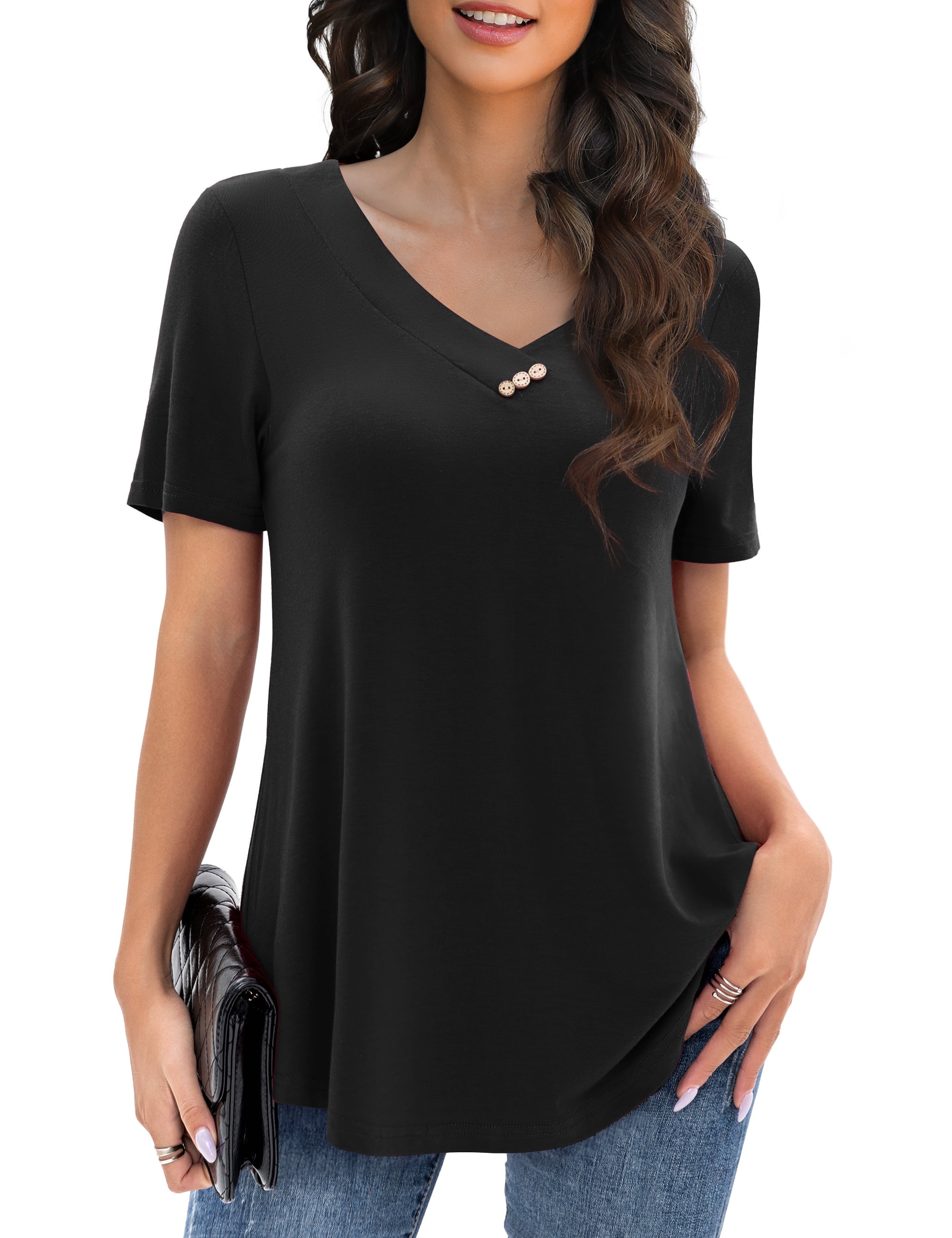 VOIANLIMO Plus Size Women's Floral V Neck Tunic Tops, Short Sleeve ...