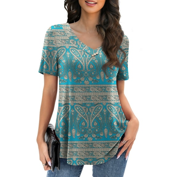 VOIANLIMO Womens Plus Size Casual Tops V Neck Short Sleeve Shirt Floral Blouses Tunic Tops M-4X