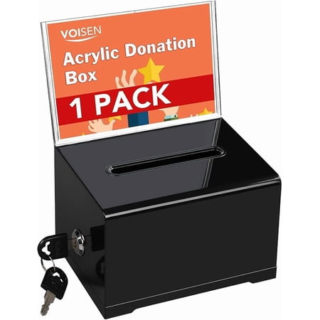 VOISEN Clear Donation Box with Lock,Ballot Box with Sign Holder,Suggestion Boxes for Fundraising, Tip Jar with Slot for School,Conference 6.2x4.6x3.9 Inch