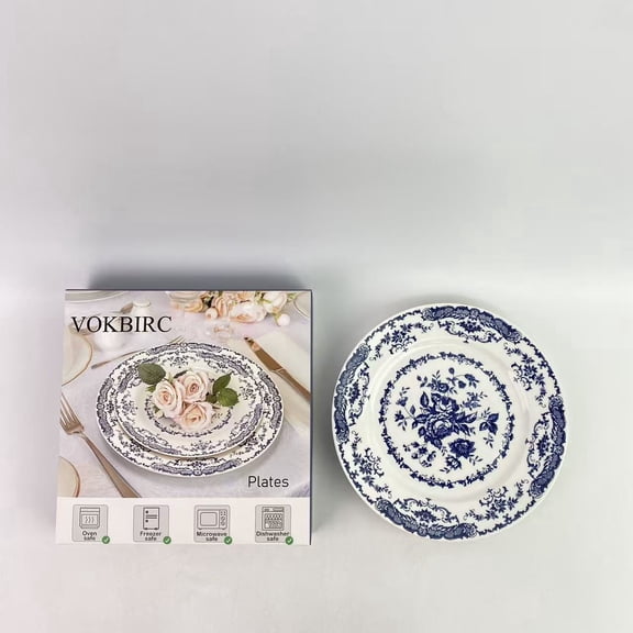 VOKBIRC Plates,Dinner Plates Set of 2, White Plates, Ceramic Kitchen Plates Microwave Safe Plates, 10.5 Inch Blue Plates Floral Plates Porcelain Dinner Plates