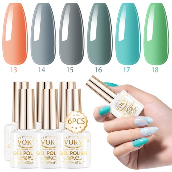 VOKY 6 Colors Gel Nail Polish Set, Neutral Green & Gray Soak Off UV LED Nail Gel Kit, 7.5ml Each, Long-Lasting Salon-Quality Manicure for Home Use