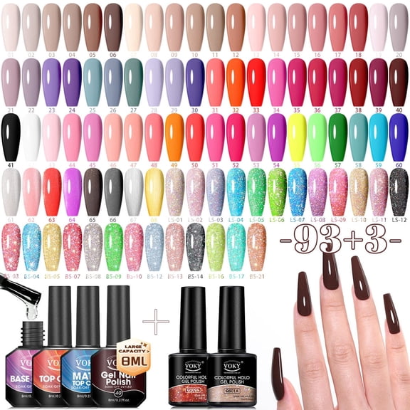VOKY 93 Colors Soak Off UV LED Gel Nail Polish Set with 3Pcs Matching Color Chart Cards, Solid & Glitter Nail Gel Kit for Home DIY & Professional Salon Manicure