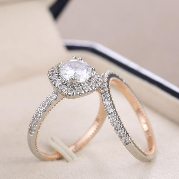 VOLALO 2pcs His and Hers Wedding Ring Sets Couples Engagement Rings Women and Men 925 Sterling Silver AAA Cubic Zirconia 14k Gold Plated Two-tone
