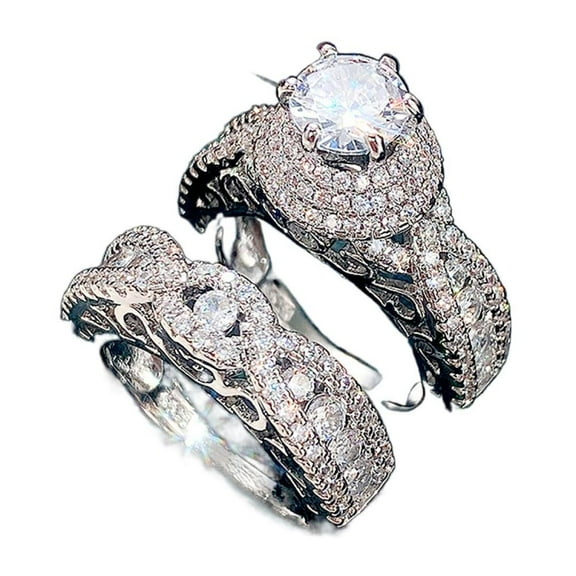 VOLALO 2pcs His and Hers Wedding Ring Sets Couples Engagement Rings Women and Men 925 Sterling Silver AAA Cubic Zirconia Double Layer
