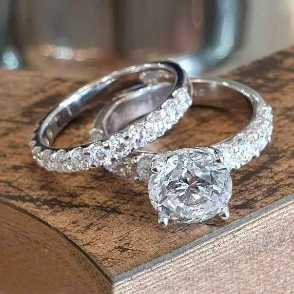 VOLALO 2pcs His and Hers Wedding Ring Sets Couples Engagement Rings Women and Men 925 Sterling Silver AAA Cubic Zirconia Proposal Rings