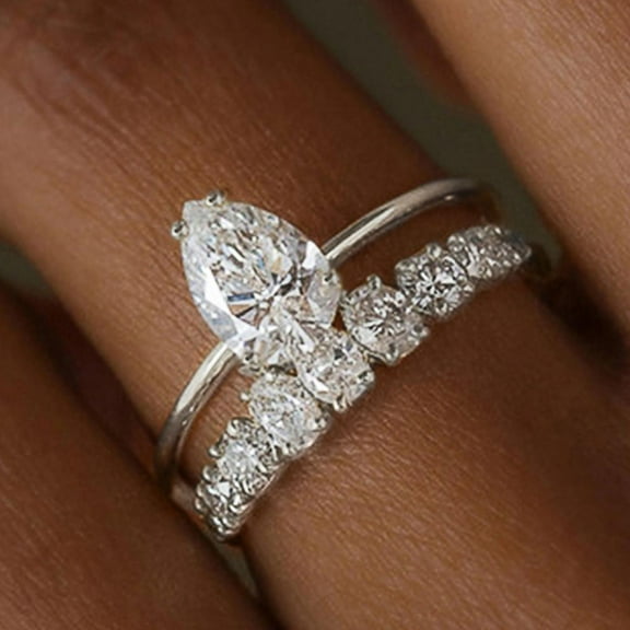 VOLALO 2pcs His and Hers Wedding Ring Sets Couples Engagement Rings Women and Men 925 Sterling Silver AAA Cubic Zirconia Water Drop Design Exquisite