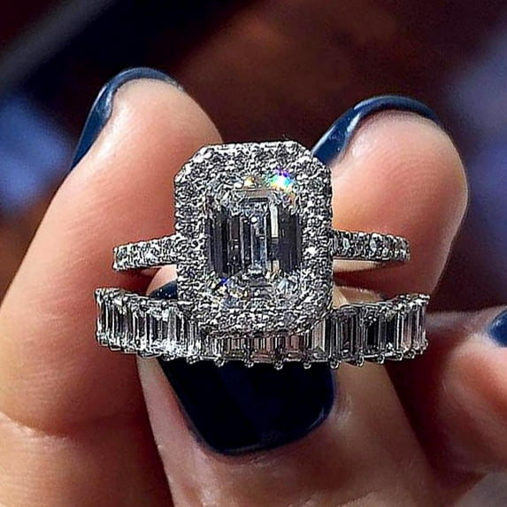 VOLALO 2pcs His and Hers Wedding Ring Sets Couples Engagement Rings Women and Men 925 Sterling Silver Square Cubic Zirconia Fashion Temperament