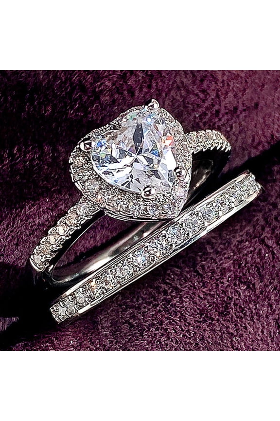 2pcs His and Hers Wedding Ring Sets Couples Engagement Rings Women and Men 925 Sterling Silver Heart Cubic Zirconia Double Layer Two-in-One Combination