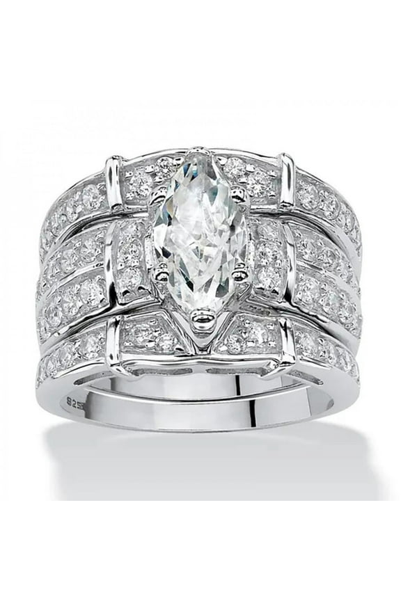 3pcs His and Hers Wedding Ring Sets Couples Engagement Rings Women and Men 925 Sterling Silver Marquise Cubic Zirconia Three in One Ring Set