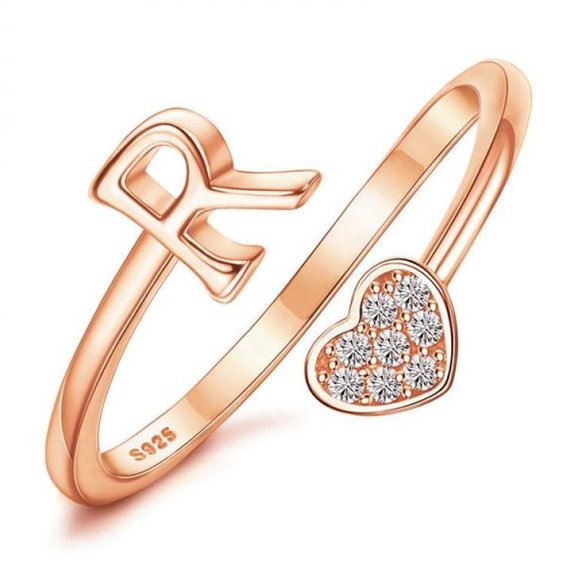 VOLALO 925 Sterling Silver Heart Initial Rings For Women S Stackable Ring Adjustable Initial Rings For Teen S Cute Heart Alphabet Letter Rings, Letter A-Z Ring
