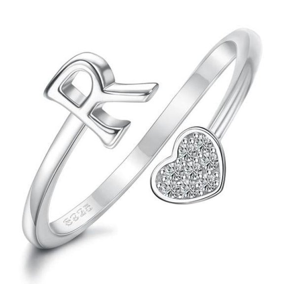 VOLALO 925 Sterling Silver Heart Initial Rings For Women S Stackable Ring Adjustable Initial Rings For Teen S Cute Heart Alphabet Letter Rings, Letter A-Z Ring