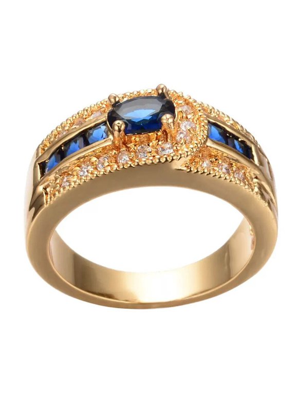Cocktail Ring for Women 14K Gold Plated with Blue Crystal and White Cubic Zirconia for Prom Size 9 Gift Box Included