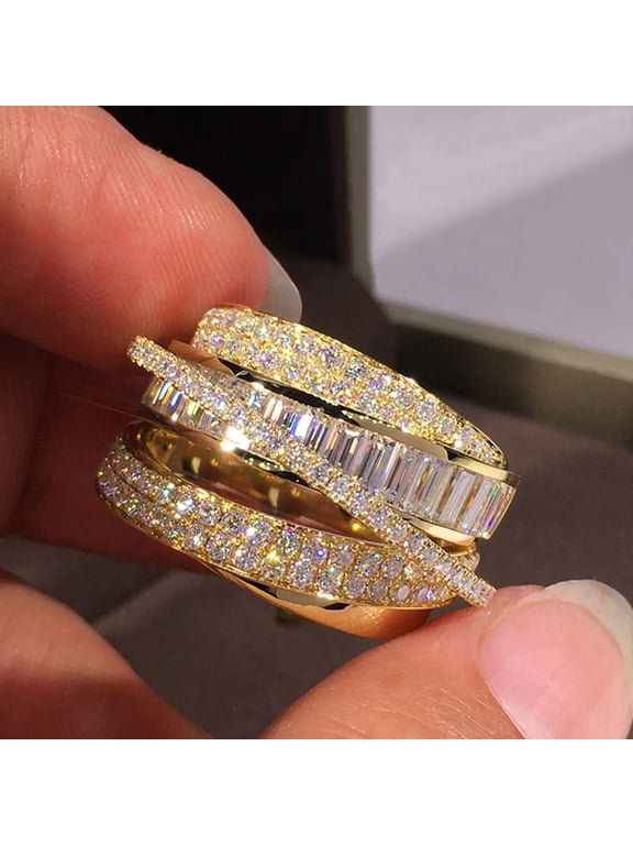 Women's Stacking Crisscross Ring 14K Yellow Gold-Plated with Clear Cubic Zirconia, Daily Wear, Size 9, Gift Box Included