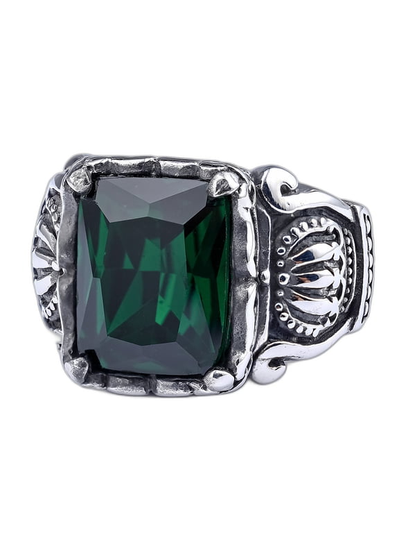 Men's Solitaire Crown Ring 14K White Gold-Plated with Green Cubic Zirconia, Daily Wear, Size 8, Gift Box Included