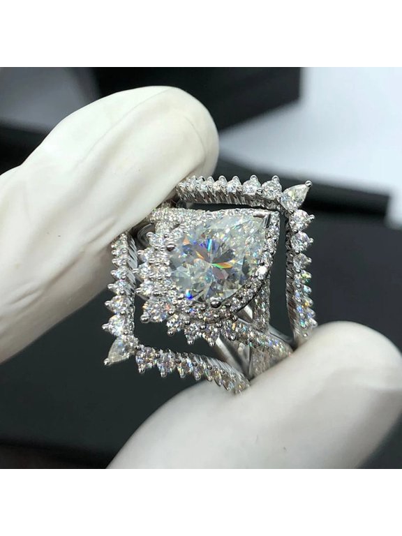 Cluster Crown Ring for Women 14K White Gold Plated with Clear Cubic Zirconia for Valentine's Day 3 Piece Set Size 9 Gift Box Included