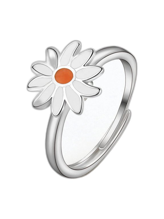 Open Daisy Ring for Women with White Frosted Crystal for Everyday Adjustable Size Gift Box Included