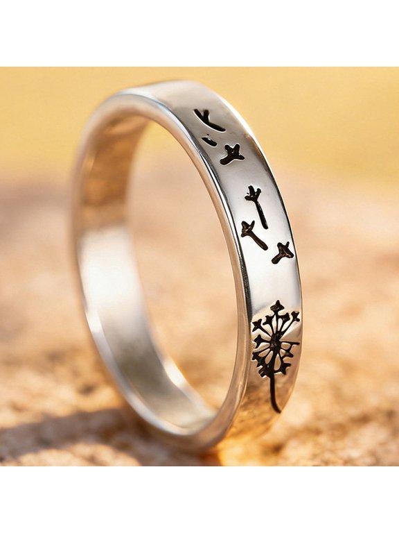 Dandelion Band Ring for Women Silver Toned Size 7 for Everyday Wear Gift Box Included
