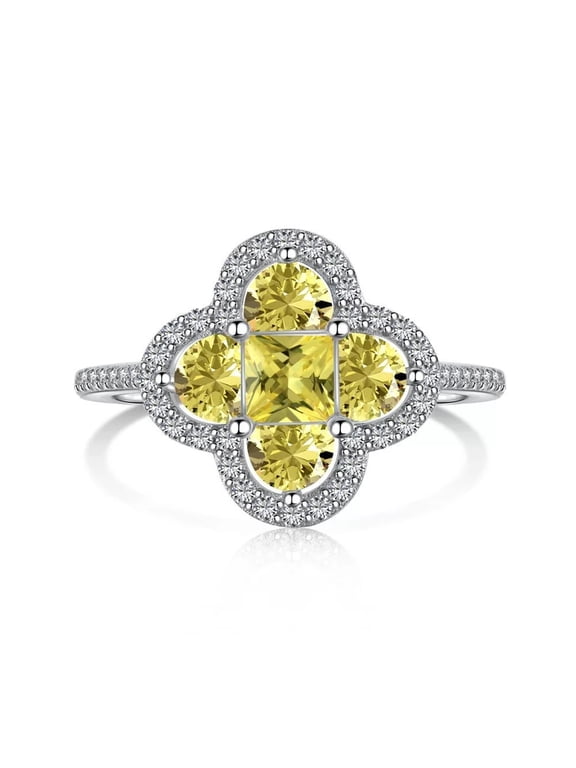 Women's Multi Stone Four Leaf Clover Ring 14K White Gold-Plated with Yellow Cubic Zirconia, Daily Wear, Size 6, Gift Box Included