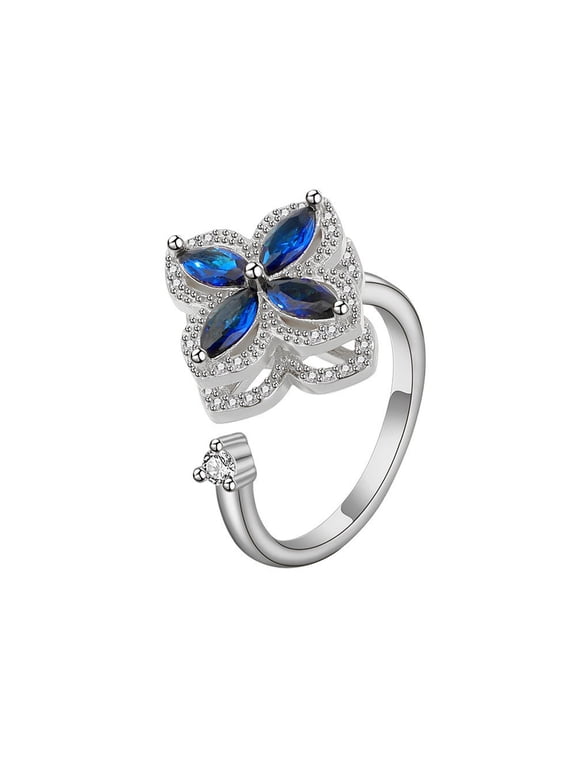 Women's Spinner Four Leaf Clover Ring 14K White Gold-Plated with Blue Cubic Zirconia, Daily Wear, Size Adjustable, Gift Box Included