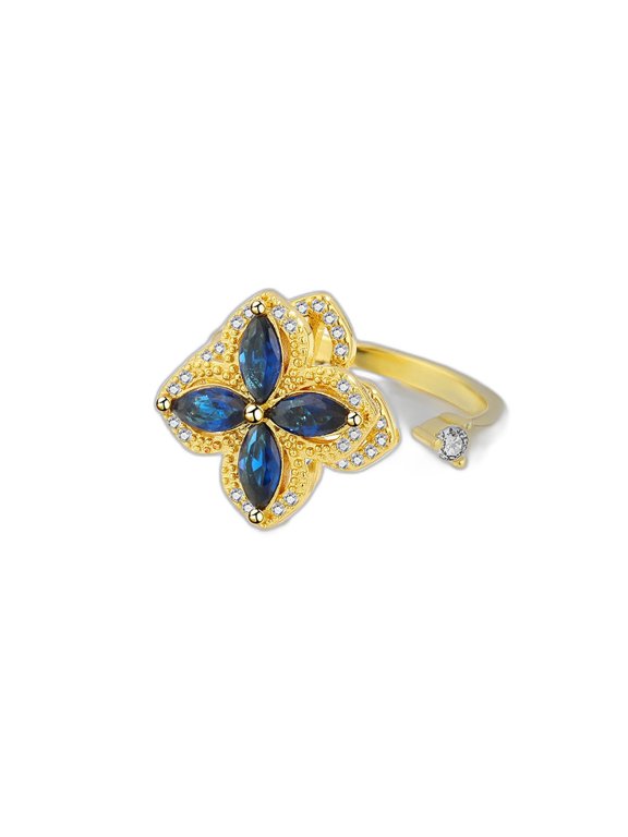 Women's Spinner Four Leaf Clover Ring 14K Yellow Gold-Plated with Blue Cubic Zirconia, Daily Wear, Size Adjustable, Gift Box Included