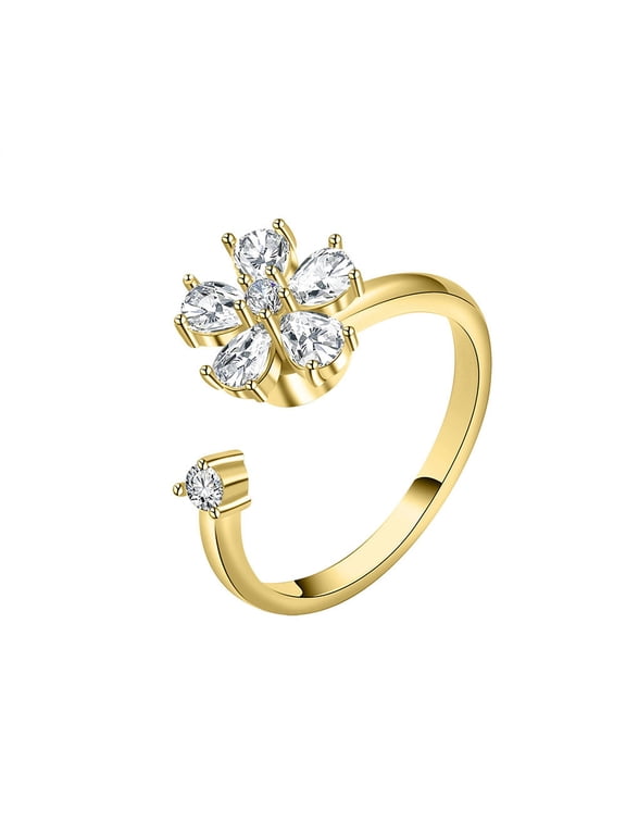 Women's Spinner Four Leaf Clover Ring 14K Yellow Gold-Plated with Clear Cubic Zirconia, Daily Wear, Size Adjustable, Gift Box Included