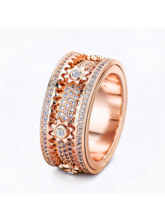 Spinner Gear Design Ring for Women and Men 14K Rose Gold-Plated with Clear Cubic Zirconia, Halloween Jewelry, Size 6, Gift Box Included
