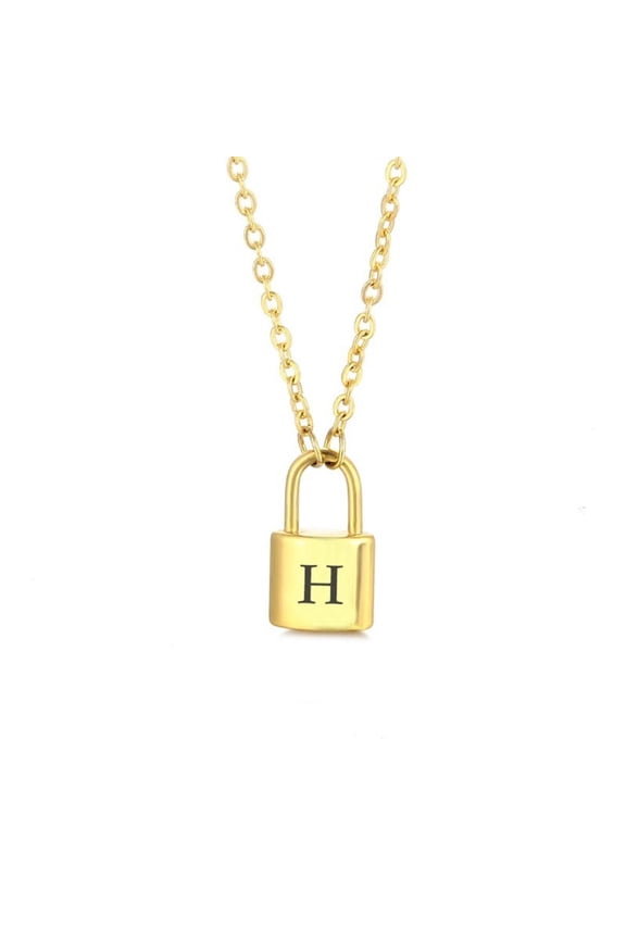 Jewelry Initial Pendant Necklace for Men Womens, 14K Gold Plated Lock Letter Capital From A-Z